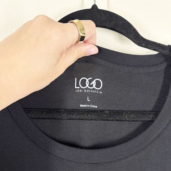 LOGO Lori Goldstein Asymmetric Stretch Jersey Long Sleeve Top Size L Black‎ Gold - Picture 5 of 10